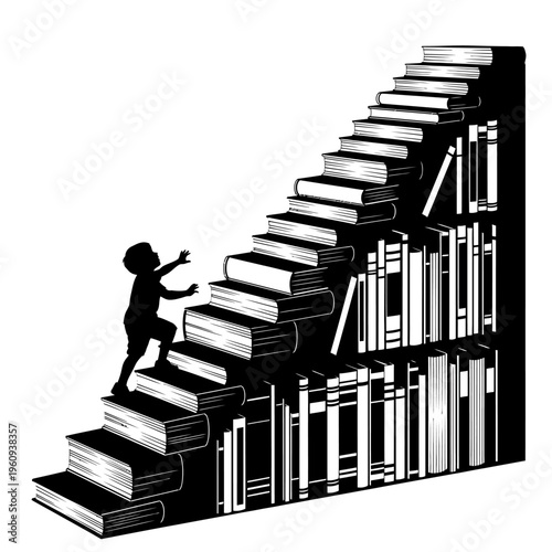 Silhouette of child climbing book staircase.