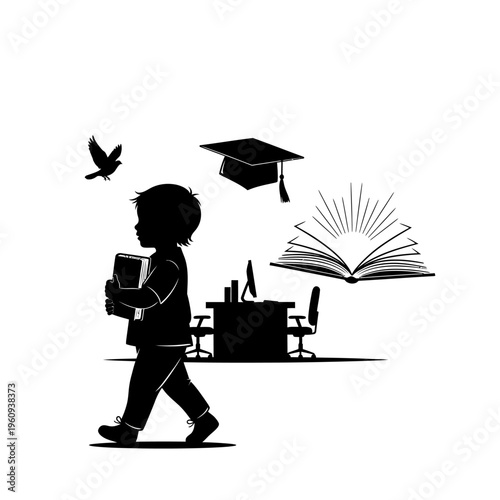 Silhouette of child holding book walking.