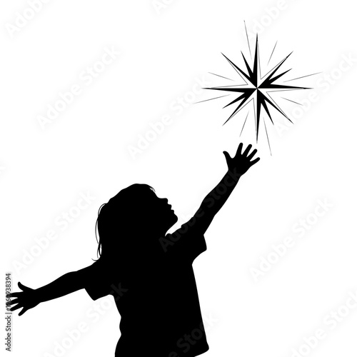 Silhouette of child reaching up.