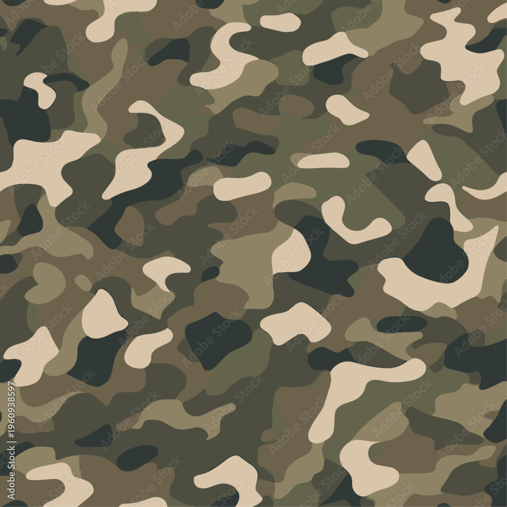 Fototapeta premium Seamless Military Camouflage Pattern. Modern Multicam Style Tactical Texture with Forest Green, Khaki and Brown Earth Tones. Army Background for Hunting Fabric, Uniform, Wallpaper. Vector Design.