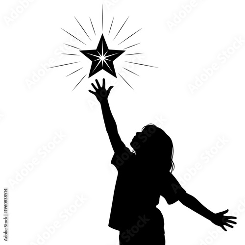 Silhouette of girl reaching star.