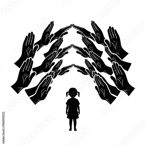 Silhouette of girl surrounded by hands.