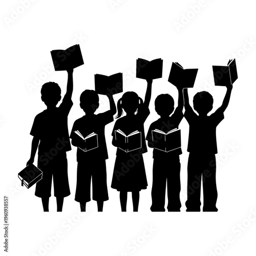 Silhouettes of children holding books up.