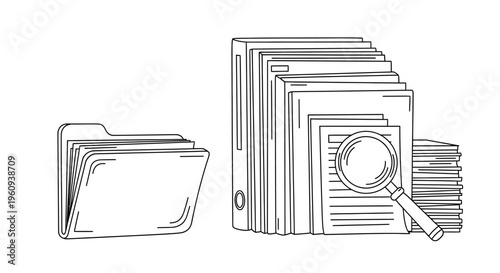 Line art of file folders and magnifying glass.