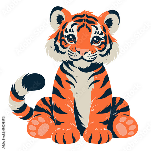 Adorable tiger cub sitting and looking directly at the viewer with big eyes and cute expression on white background