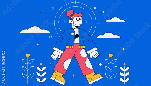 Cartoon character wearing a mask and walking in a sunny outdoor environment with plants and clouds