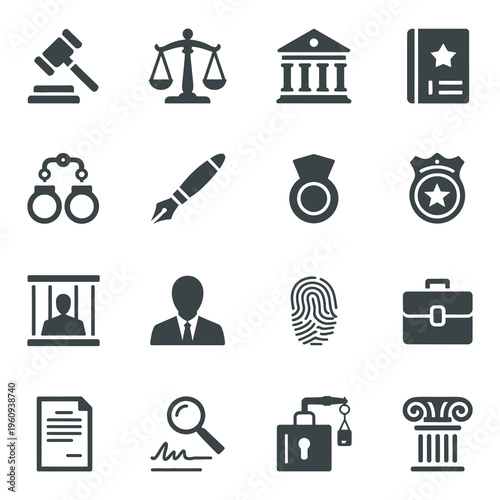 Legal Justice Law System and Government Authority Icon Set