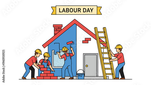 Labor Day Home Improvement: A cheerful illustration captures the spirit of Labor Day with workers diligently constructing and improving a home, symbolizing hard work and the fruits of labor.