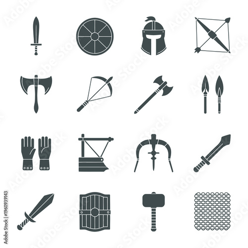 Ancient Medieval Warrior Weapons and Armor Equipment Icon Set