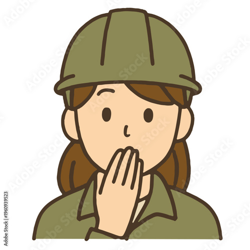 Woman helmet uniform surprised cartoon worker safety hand mouth