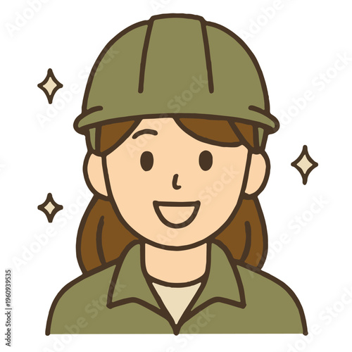 Smiling woman helmet uniform brown hair cartoon worker safety cheerful illustration