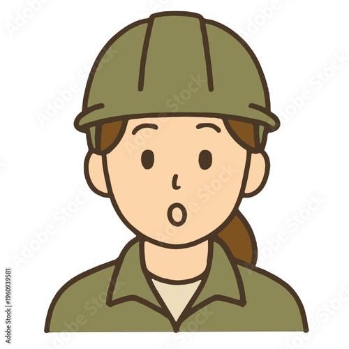 Female worker helmet uniform surprised cartoon illustration brown hair character green uniform