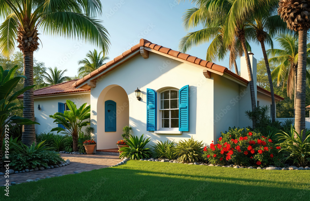 Fototapeta premium White tropical house with orange tile roof and bright blue shutters. Rich green lawn, vibrant red flowers, and tall palm trees surround the charming residence.
