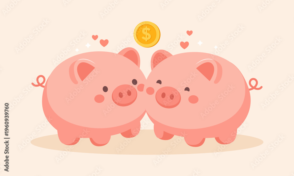 Fototapeta premium Two cute piggy banks with coin above in flat cartoon style, isolated on beige background. Savings, finance and partnership concept, playful illustration.