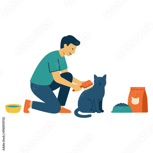 Man kneeling down petting a cat with food nearby indoors