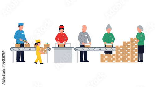 Factory Workforce in Action: A dynamic illustration showing a diverse group of workers diligently engaged in the process of product packaging on a factory production line.