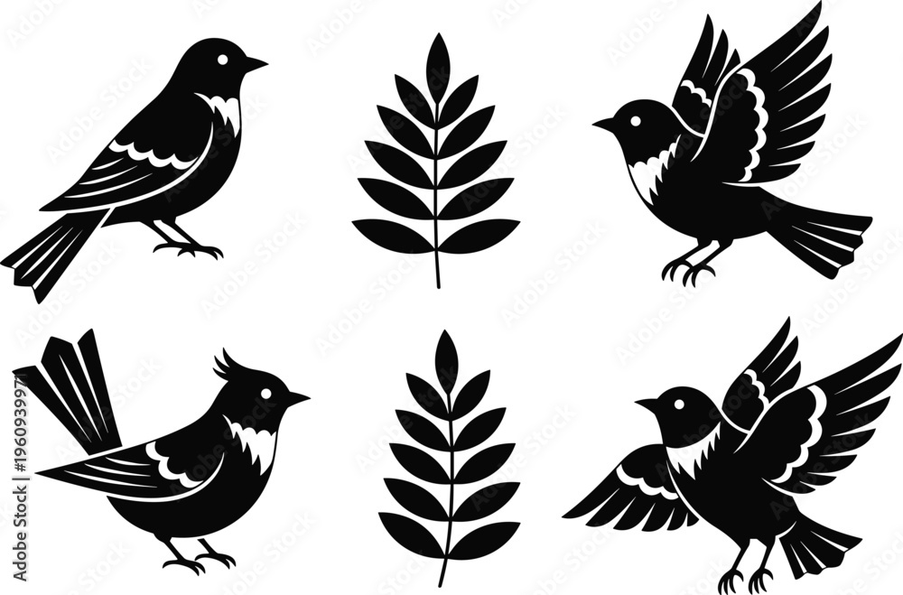 Fototapeta premium Stylized bird and leaf silhouettes in balanced composition, perched and flying birds with decorative foliage, vector design illustration
