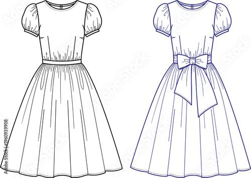 Technical fashion illustration of girl’s dress with puff sleeves, fitted bodice, flared skirt, bow detail, garment design and apparel silhouette