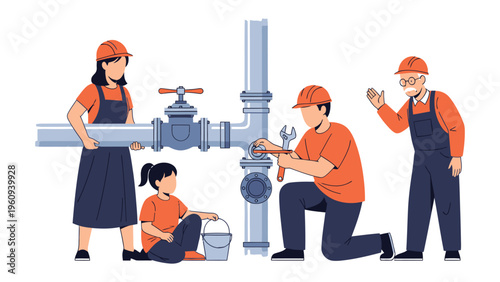 Plumbing Team in Action: A team of skilled plumbers diligently works on a water pipe, showcasing expertise and collaboration to resolve a crucial plumbing challenge.