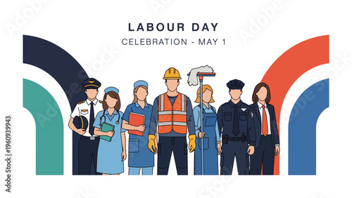 Labor Day Celebratory Array: A vibrant illustration features an array of individuals from various professions standing united, celebrating Labor Day with banners. 