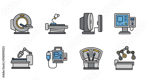 Industrial machinery and technology icons.