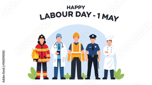 Celebration of Labor Day: A vibrant illustration showcasing individuals from various professions stands together to commemorate the spirit of labor, unity, and hard work