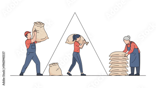 Burden of the load: A team of dedicated workers, representing various generations, collaborates to lift and stack sacks. A testament to unity and perseverance.