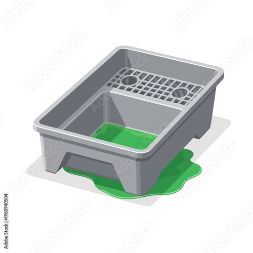 Gray Plastic Cat Litter Box with Green Tray.