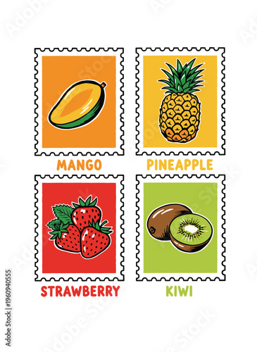 Fresh farmers market design. Sweet summer vibes artwork. Mango, Pineapple, Strawberry, Kiwi club design.