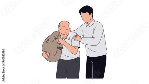 Burdened Elder Supported: An illustration showcases a younger person compassionately aiding an elderly individual weighed down by a sack, symbolizing support and care.