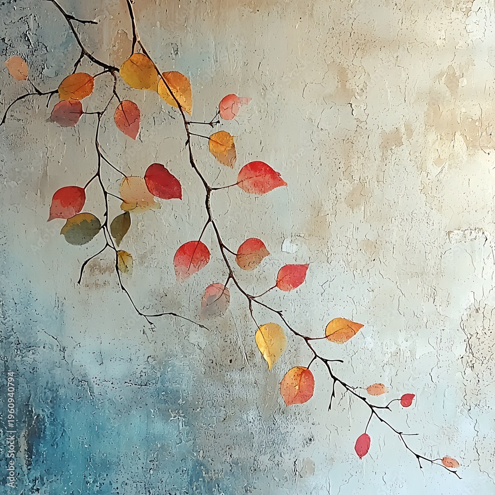 Fototapeta premium Autumnal Grace: A delicate watercolor illustration showcases autumnal branches adorned with vibrant, changing leaves against a textured, aged wall.