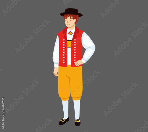 Swiss man wearing traditional costume. Switzerland. National clothes. Folk ethnic dress. European male character. Hand-drawn vector illustration.