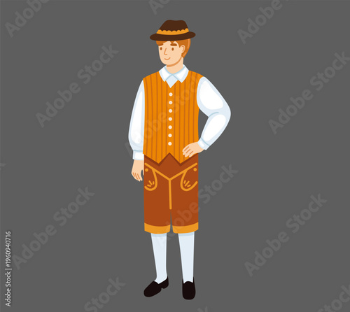 Austrian man wearing traditional costume. Austria national clothes. Folk ethnic dress. European male character. Hand-drawn vector illustration.