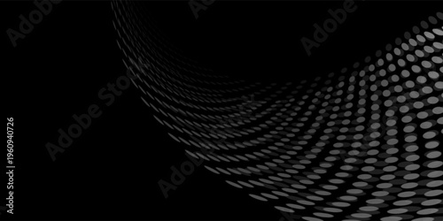 Abstract black background with 3D wavy halftone dots pattern and elegant minimalist design
