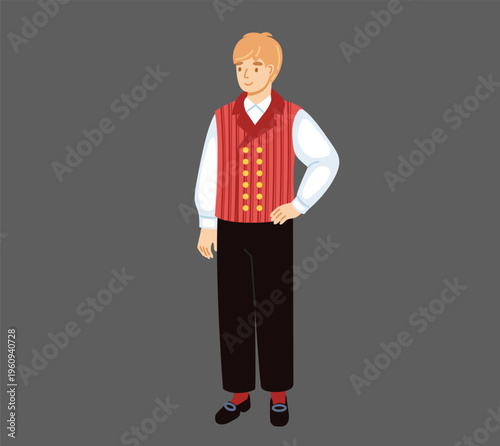 Finnish man wearing traditional costume. Finland. National clothes. Folk ethnic dress. Norse European male character. Hand-drawn vector illustration.