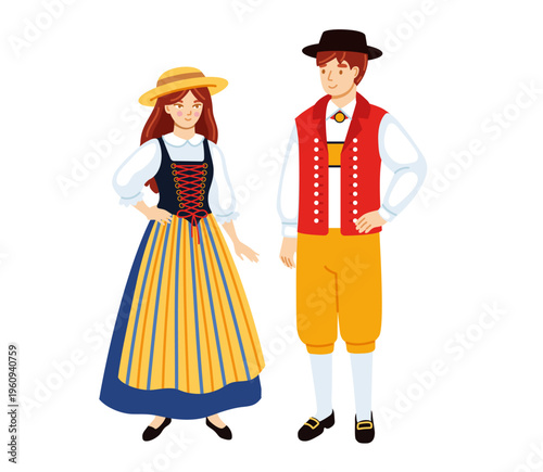 Swiss. Woman and man in national dress. Folk costume. Switzerland. Ethnic clothes. Europeans people isolated on white background. Hand-drawn vector illustration.