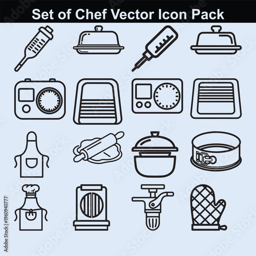 Kitchen equipment icon set for food safety and pastry preparation in professional kitchens.