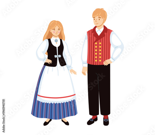 Finns. Woman and man in national dress. Finnish folk costume. Finland. Scandinavian ethnic clothes. North Europeans people isolated on white background. Hand-drawn vector illustration.