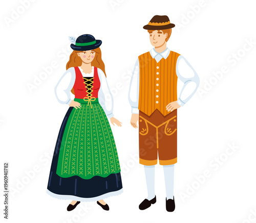 Austrians. Woman and man in national dress. Austrian folk costume. Austria. Tyrolean Ethnic clothes. Europeans people isolated on white background. Hand-drawn vector illustration.