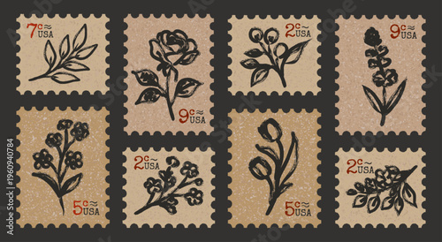 Vintage flower postage stamp set on kraft paper. Hand drawn ink botanical floral sketches for wedding invitations, scrapbooking and retro correspondence design.