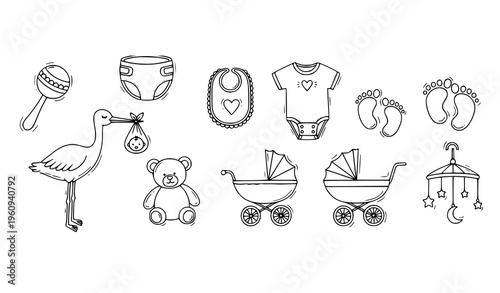 A set of baby icons and objects in a minimalist line art style