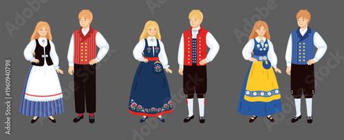 Finns, Norwegians, and Swedes in traditional costume. Folk dress. National clothes. Scandinavian and nordic paople. Europeans. Vector isolated illustration.