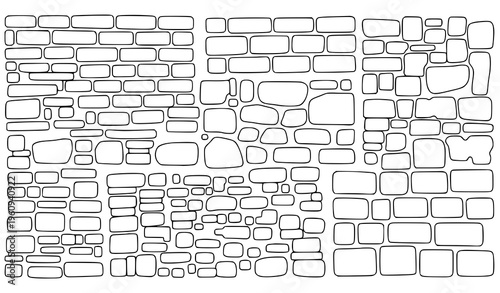 Photography A vector graphic illustration of various stone wall patterns in a minimalist fla