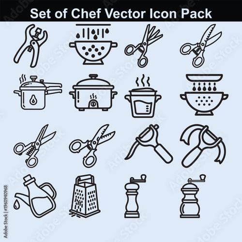 Culinary cutting and straining tools icon pack for professional vegetable food preparation.