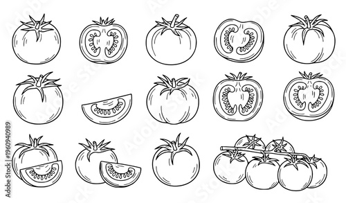 A set of black and white line art illustrations of tomatoes in various forms
