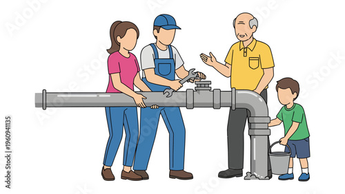 Fixing Water Line: A collaborative scene of a family coming together to repair their water line.
