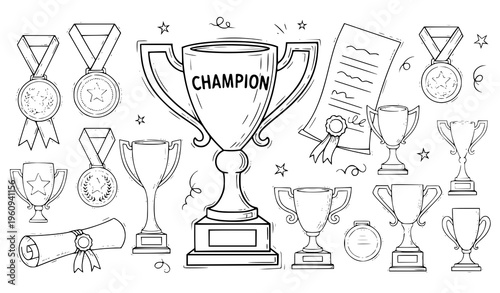 A collection of trophies and medals in a simple line art style