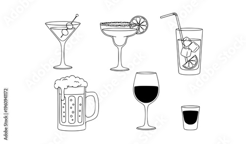 A set of six different alcoholic drink icons in a minimalist line art style