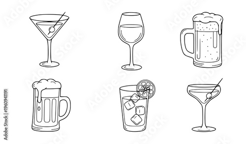 A set of six black and white line art illustrations of various cocktail and beer glasses