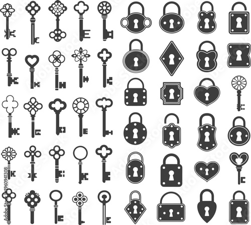 Collection of black and white keys and padlocks with various decorative and shapes